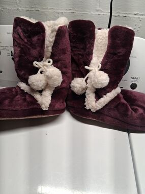 Plush Faux-Sherpa Pom Pom Boot Slippers in Deep Plum
